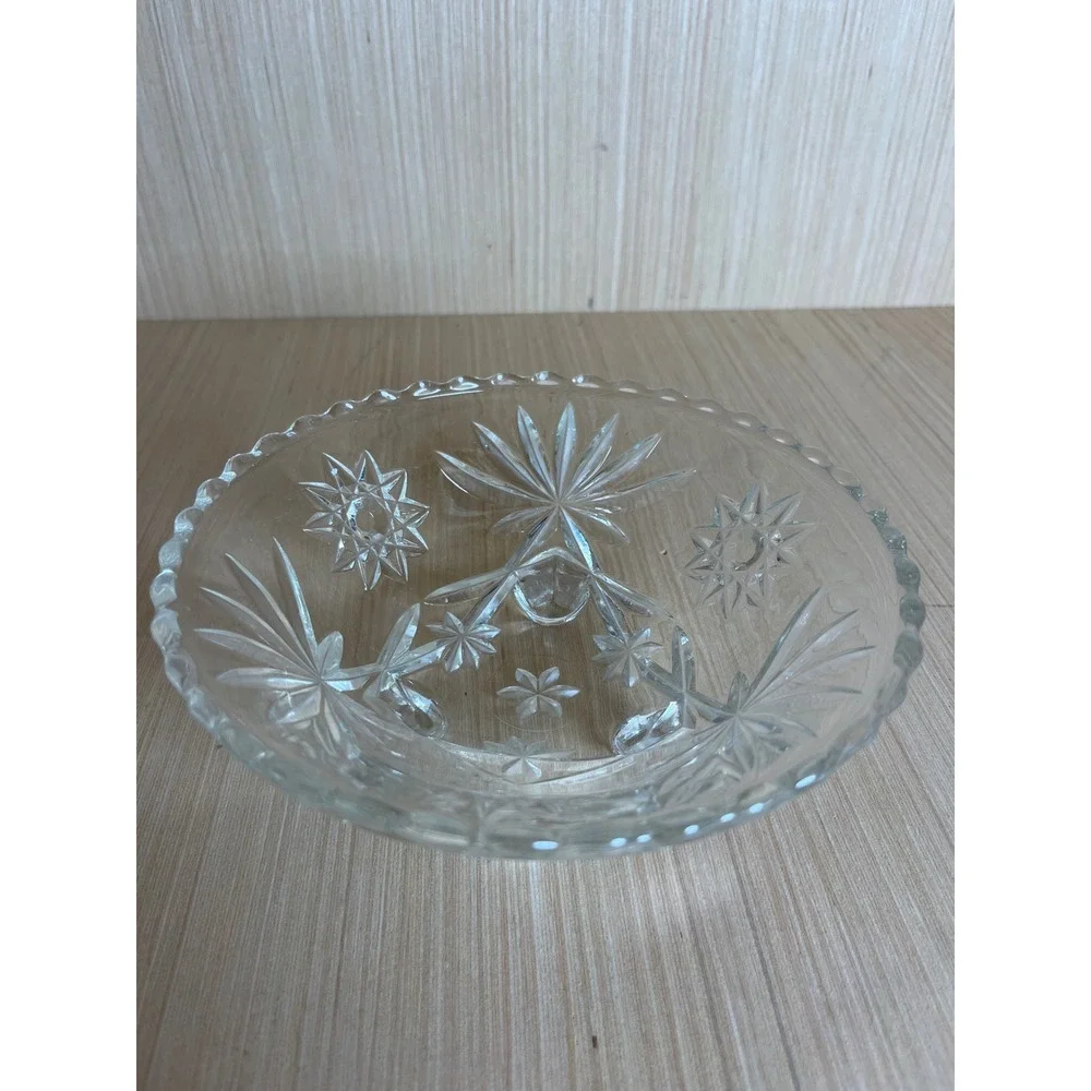 Vintage Anchor Hocking Starburst Pressed Glass Footed Bowl Scalloped Edge Clear